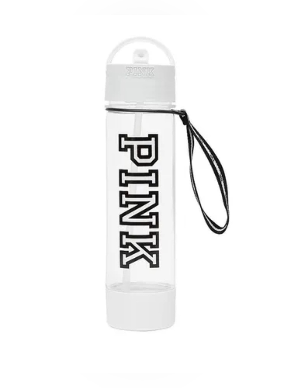 PINK Victoria's Secret Clear Water Bottle with Black Logo and Strap